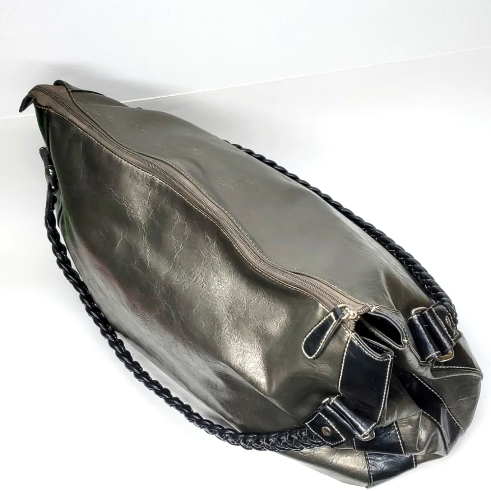 Extra Large Metallic Taupe Black Braided Straps Faux Leather Tote Bag EUC